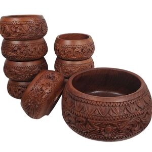 Vntg Hand Carved Wooden Salad Bowl Set. 9 Pc set. Mid-Century Modern